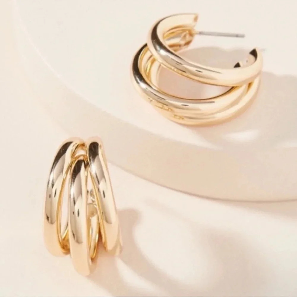Gold Chunky Three Layer Triple Hoop Earrings